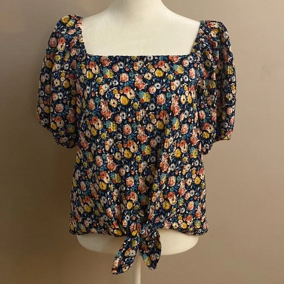 LOFT Navy Floral Tie-front Blouse - Picture 2 of 7